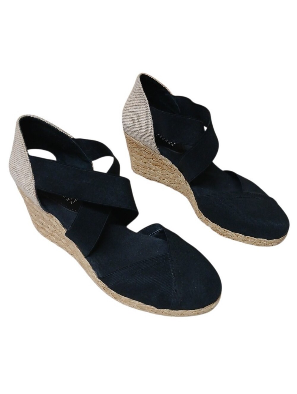 Lauren Ralph Lauren Black Espadrille Wedge Sandals with Natural Heel Size 7